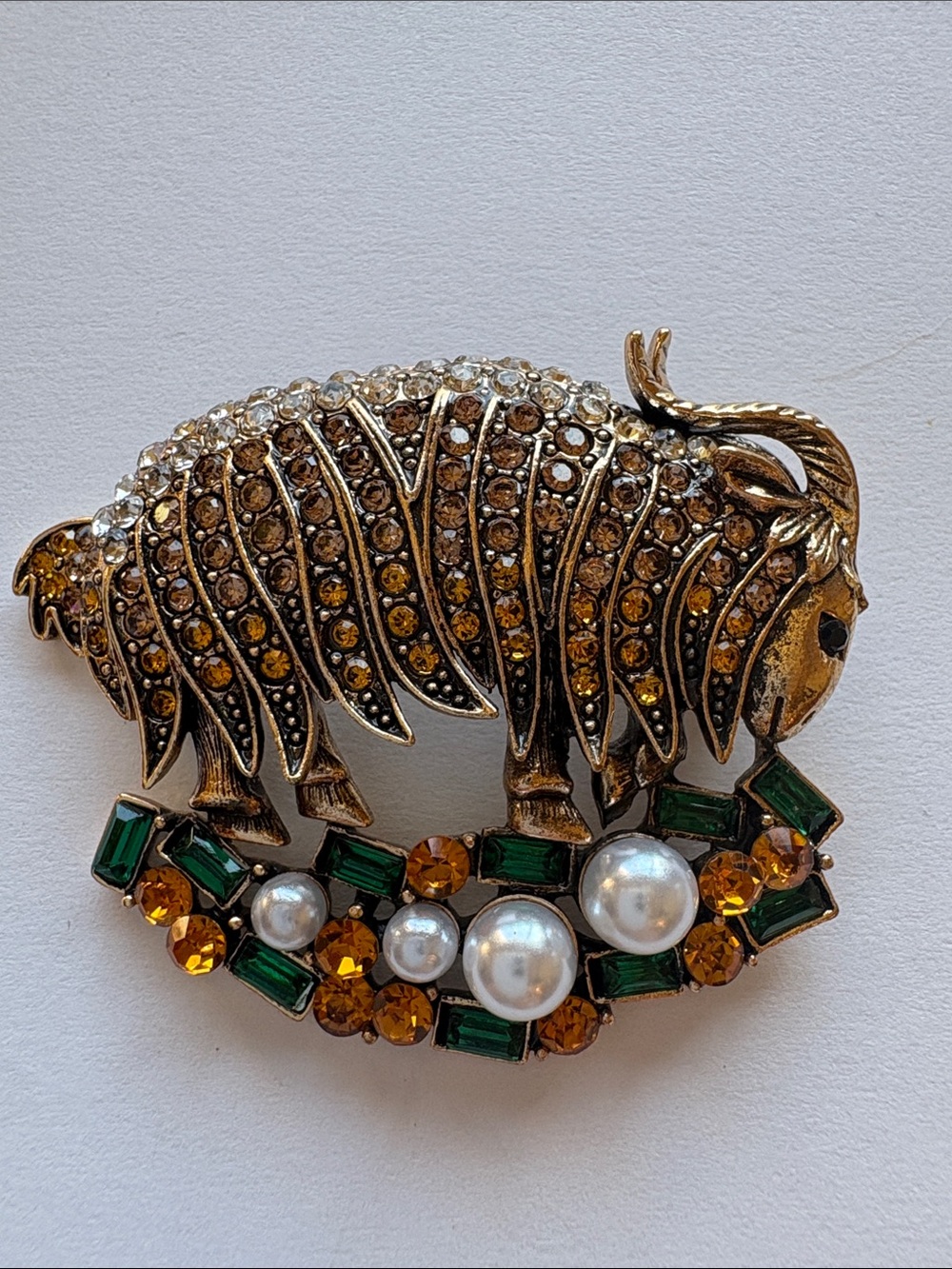 Crystal-Embellished Ram Brooch with Green and Amber Accents